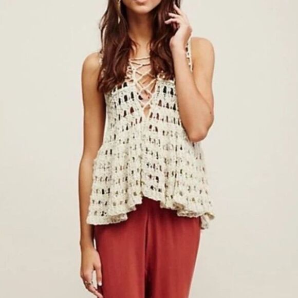 Free People Tops - Free People Cream Open-Knit Crochet Lace-Up Front Flared Boho Fairy Grunge Top M